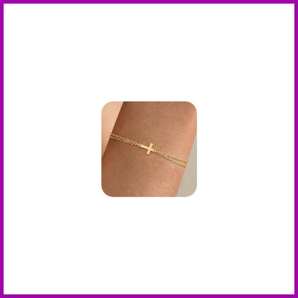 Dainty Cross Bracelet Stack, 14K Gold Plated, Adjustable 6.7"+2" Chain - Picture 1 of 7
